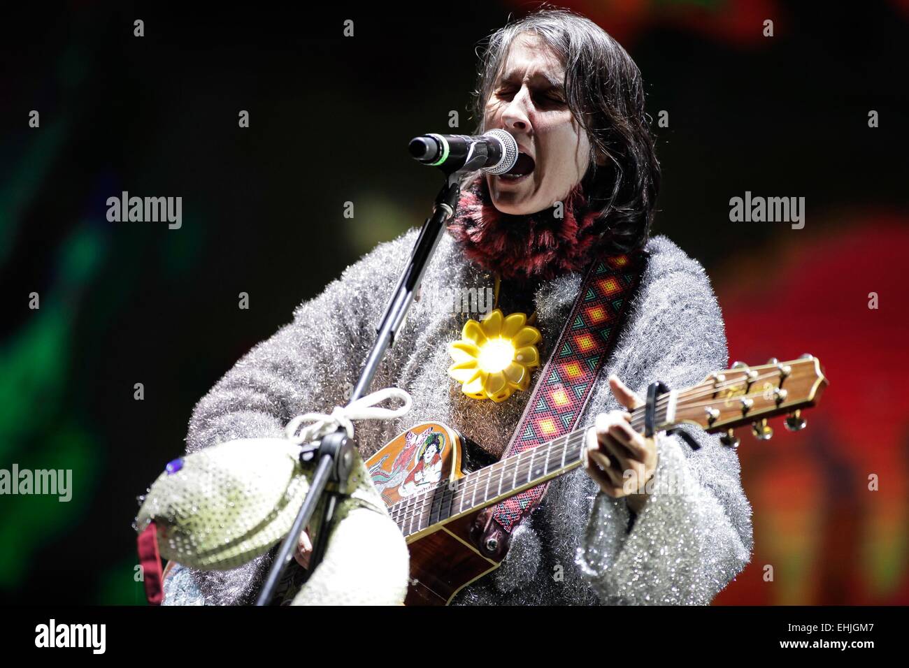 Bogota, Colombia. 13th Mar, 2015. Andrea Echeverri of the Colombian band 'Aterciopelados', sings during his presentation in the 6th edition of the Estereo Picnic Festival, in Bogota City, capital of Colombia, at the late night of March 13, 2015. Credit:  Jhon Paz/Xinhua/Alamy Live News Stock Photo
