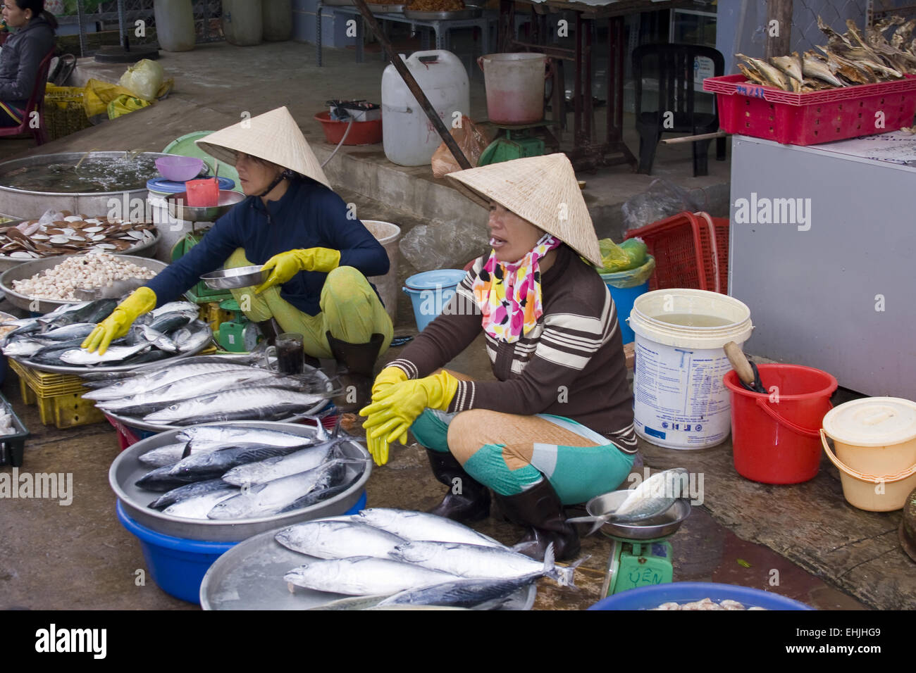 Market-scene,fish,vendors,Phu,Quoc,Vietnam,Asia Stock Photo