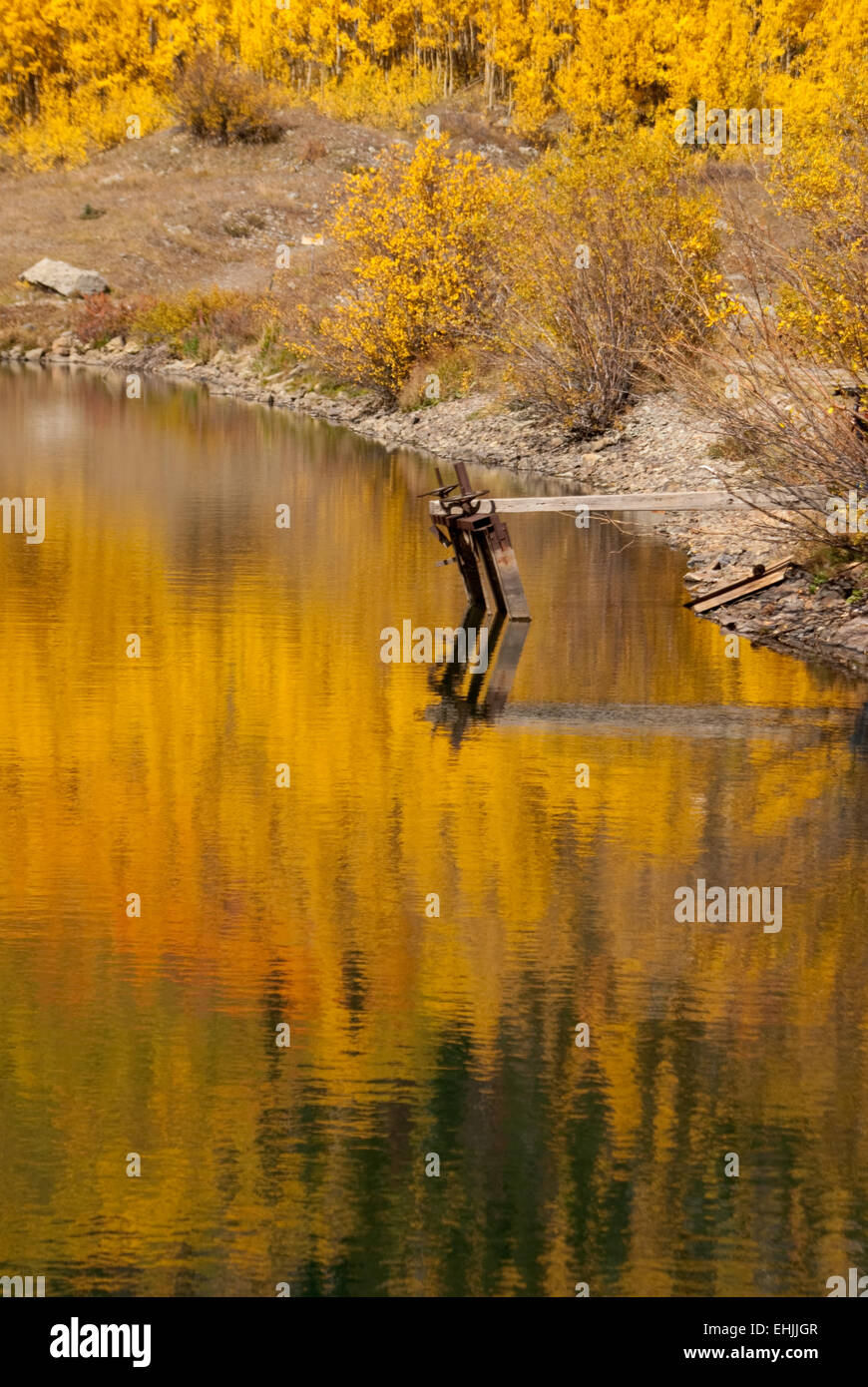 Fall colors reflect in Colorado lake Stock Photo