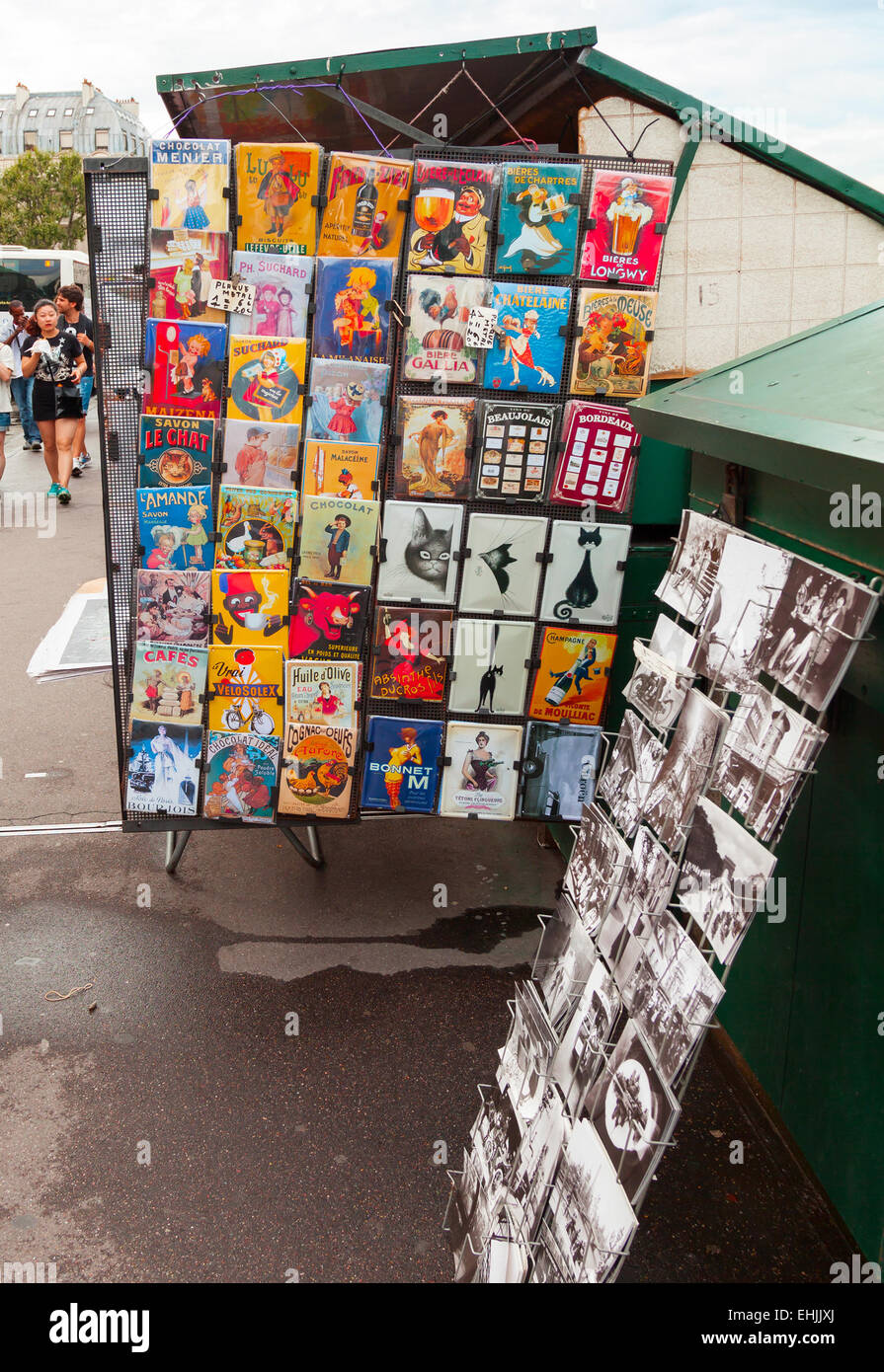Paris, France - August 07, 2014: Small souvenir shop counter with colorful postcards in Latin quarter of Paris, France Stock Photo