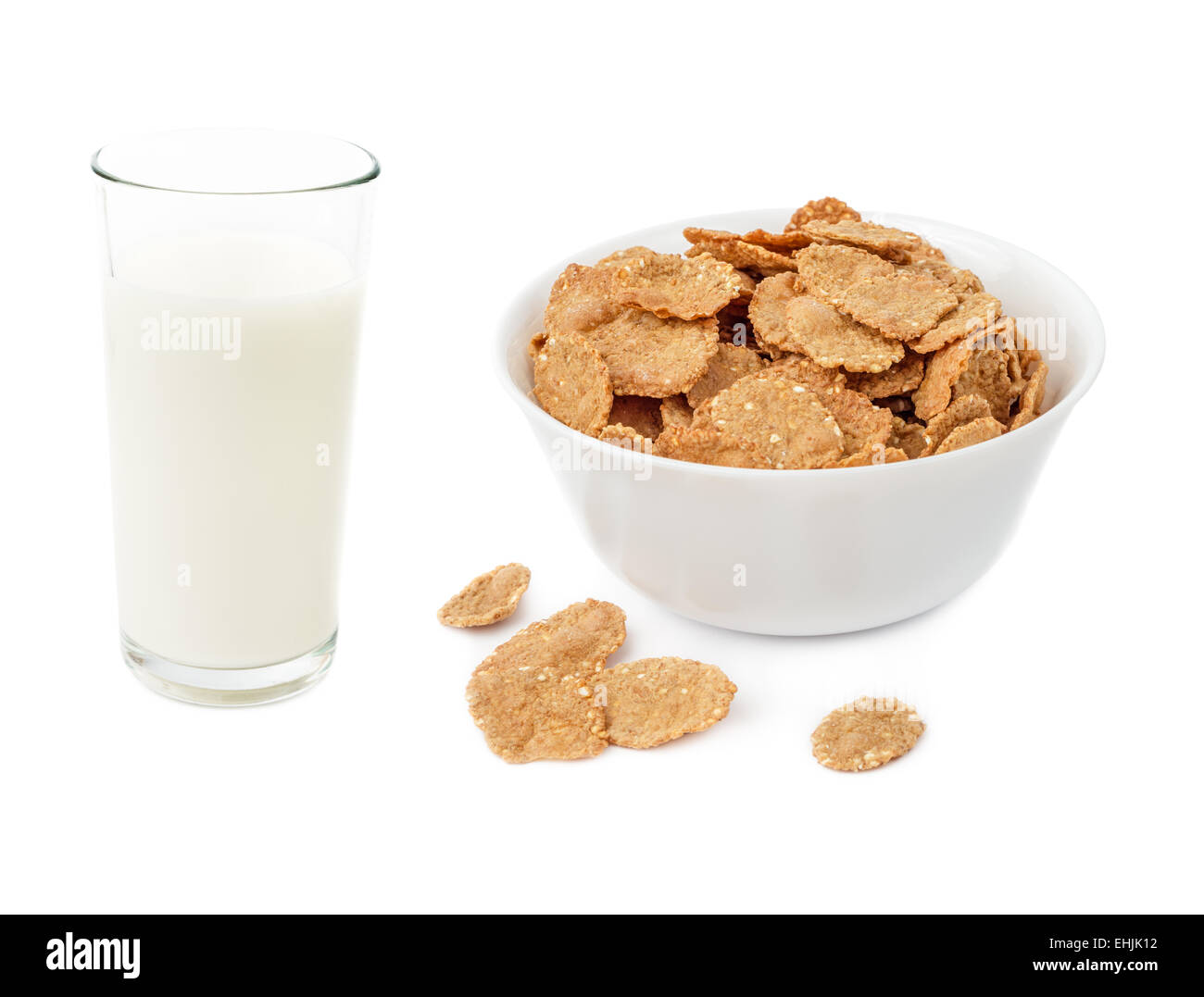 Cornflake cereals in bowl and glass of milk isolated on white background Stock Photo