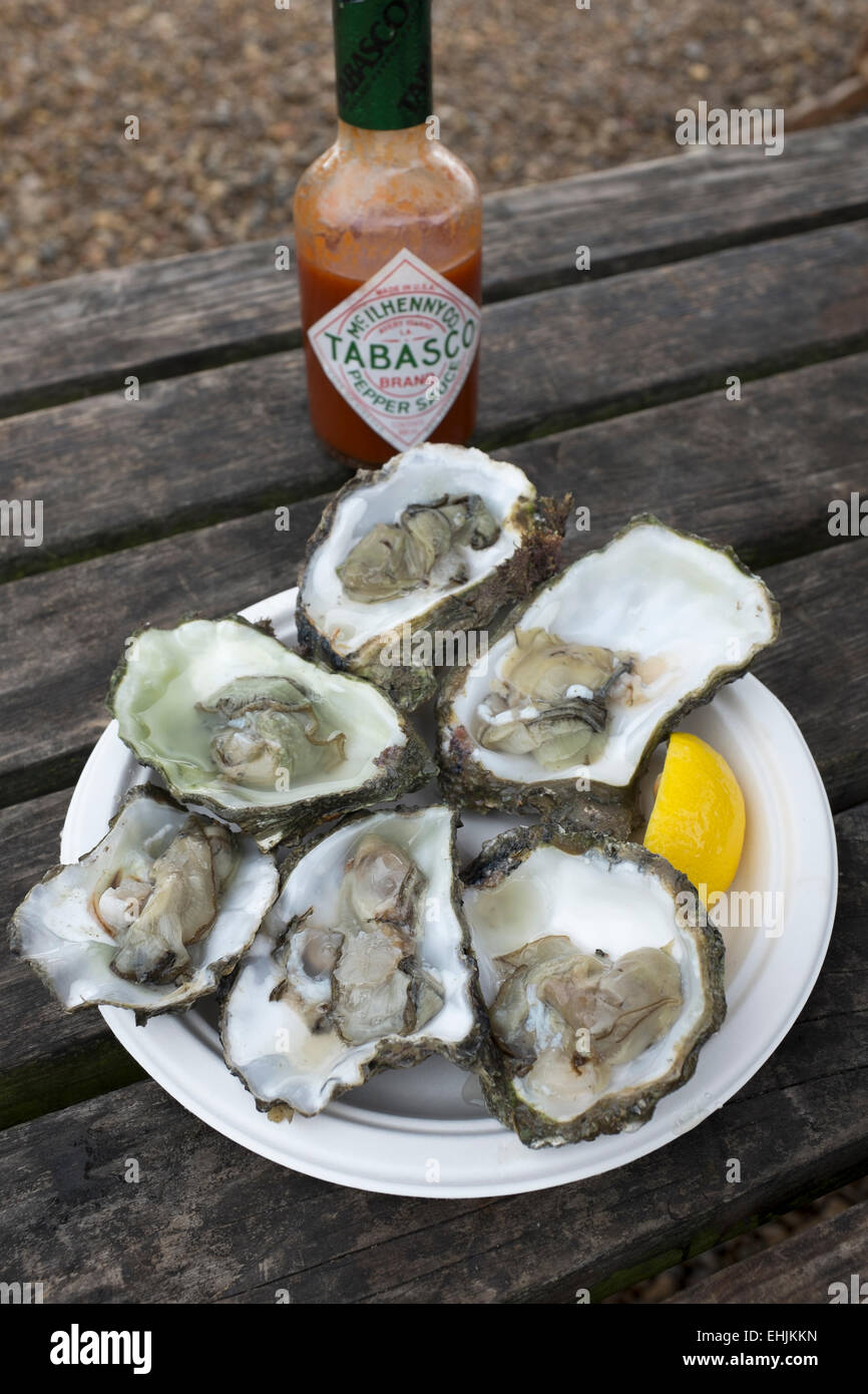 Plate of Half Dozen Oysters with Lemon and Tabasco Stock Photo