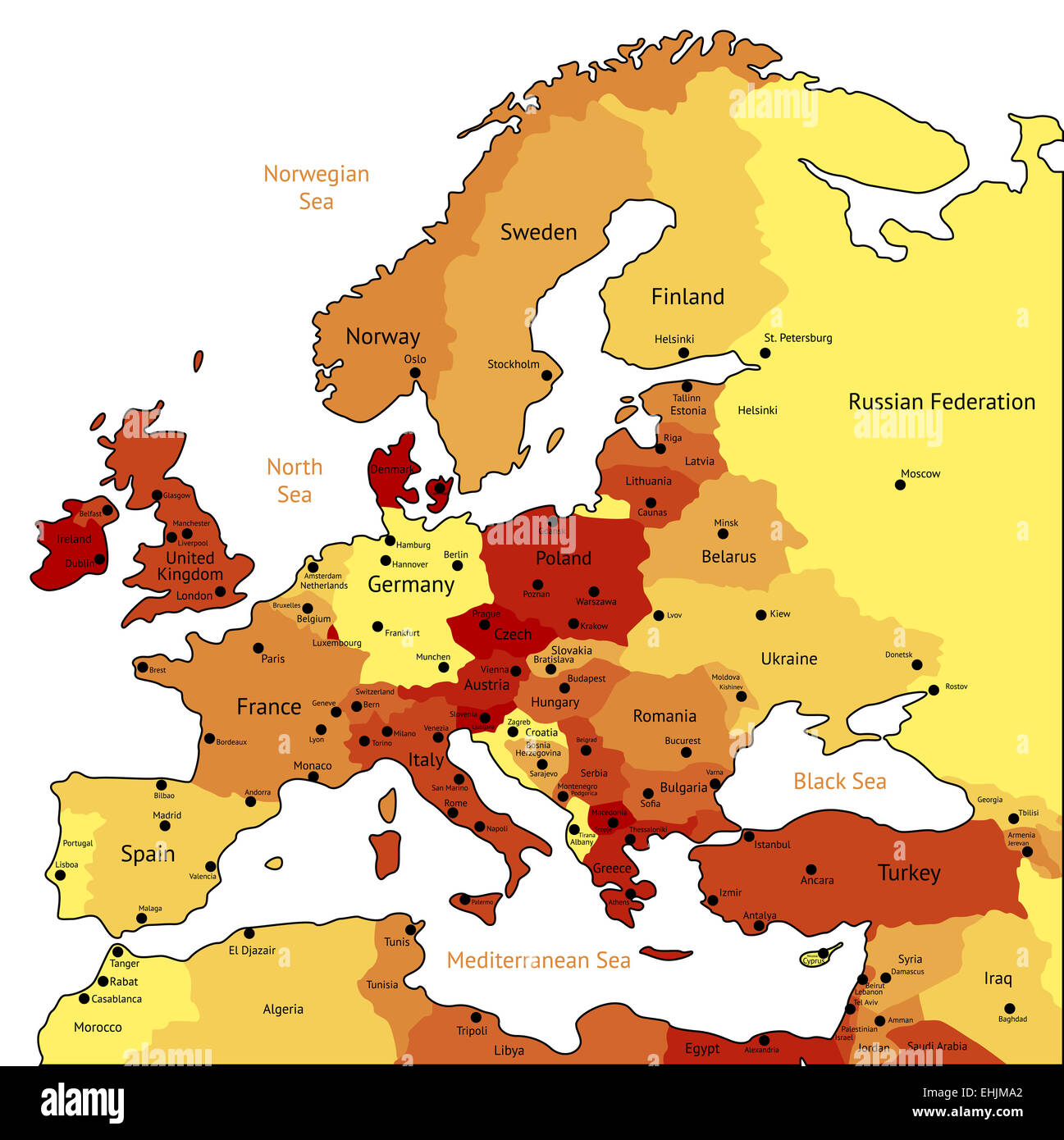 Europe map of hot orange colors Stock Photo
