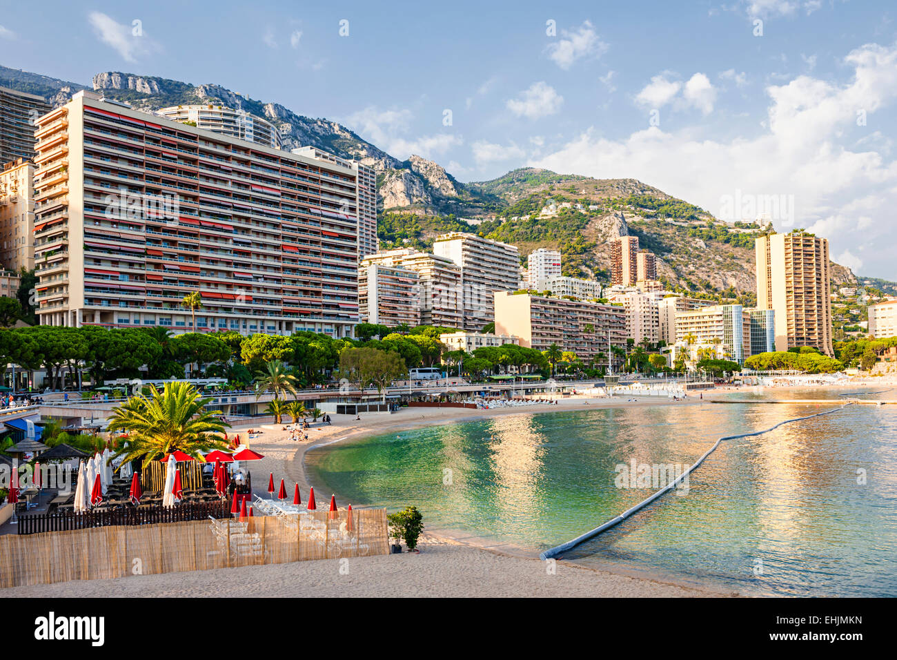 LARVOTTO, MONACO - OCTOBER 3, 2014: View of Larvotto beach in Monaco Stock Photo