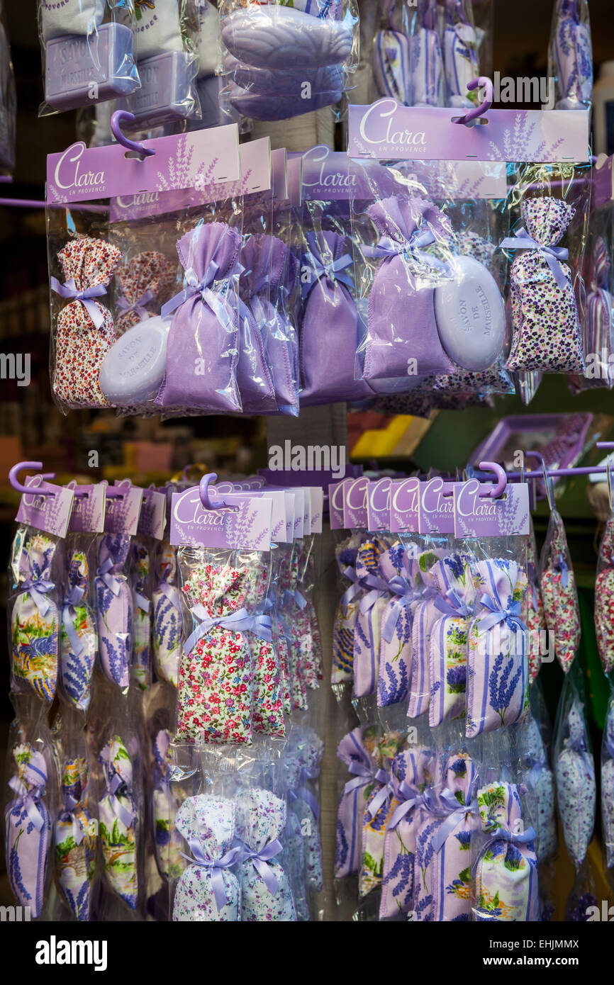 NICE, FRANCE - OCTOBER 2, 2014: Lavender sachets and soaps are sold as souvenirs on Rue Pairoliere, a pedestrian shopping street Stock Photo