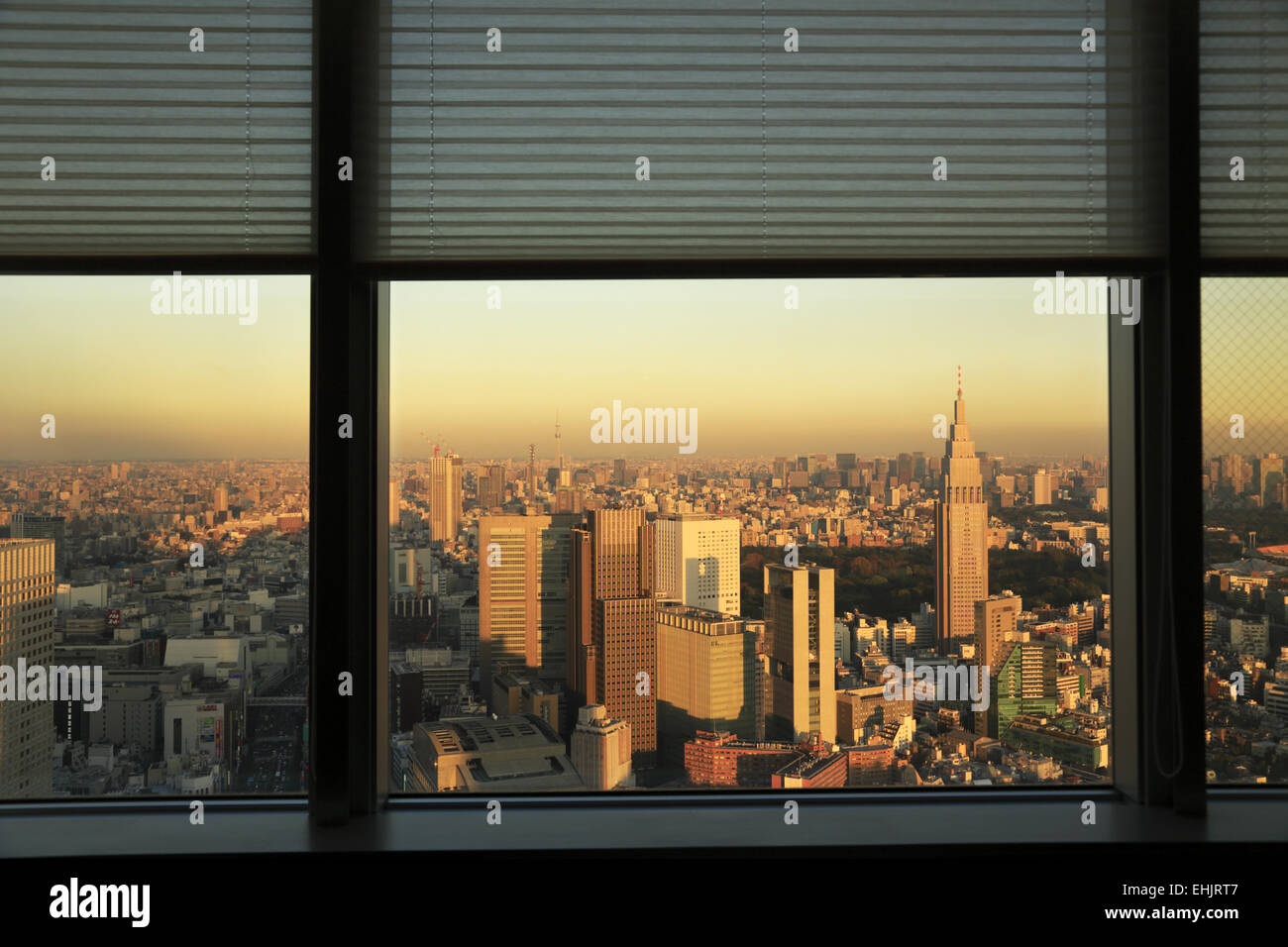 The view of skyline of of Shinjuku in Tokyo with NTT Docomo building and Yoyogi Park in back from a hotel window. Japan Stock Photo