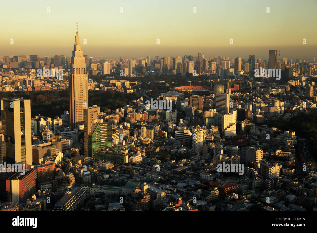 Skyline of of Shinjuku in Tokyo with NTT Docomo building under afternoon sunlight. Tokyo. Japan Stock Photo