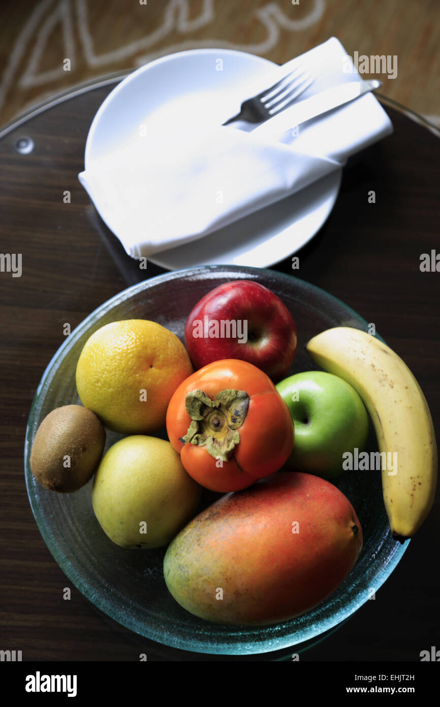 Complimentary fruit plate in guest room of Shangri-La Hotel Sydney, Sydney Australia Stock Photo