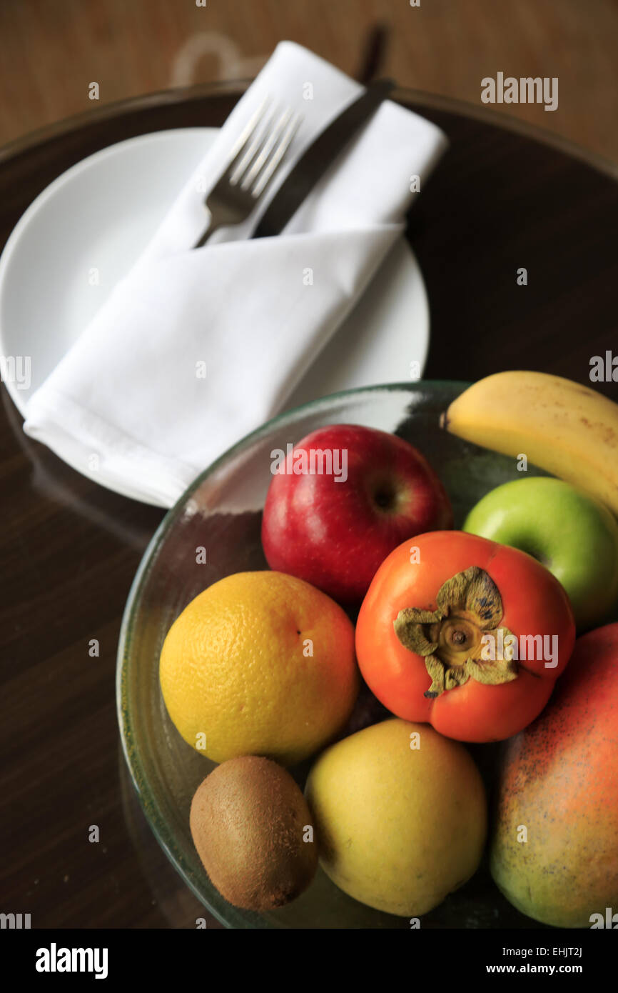 Complimentary fruit plate in guest room of Shangri-La Hotel Sydney, Sydney Australia Stock Photo