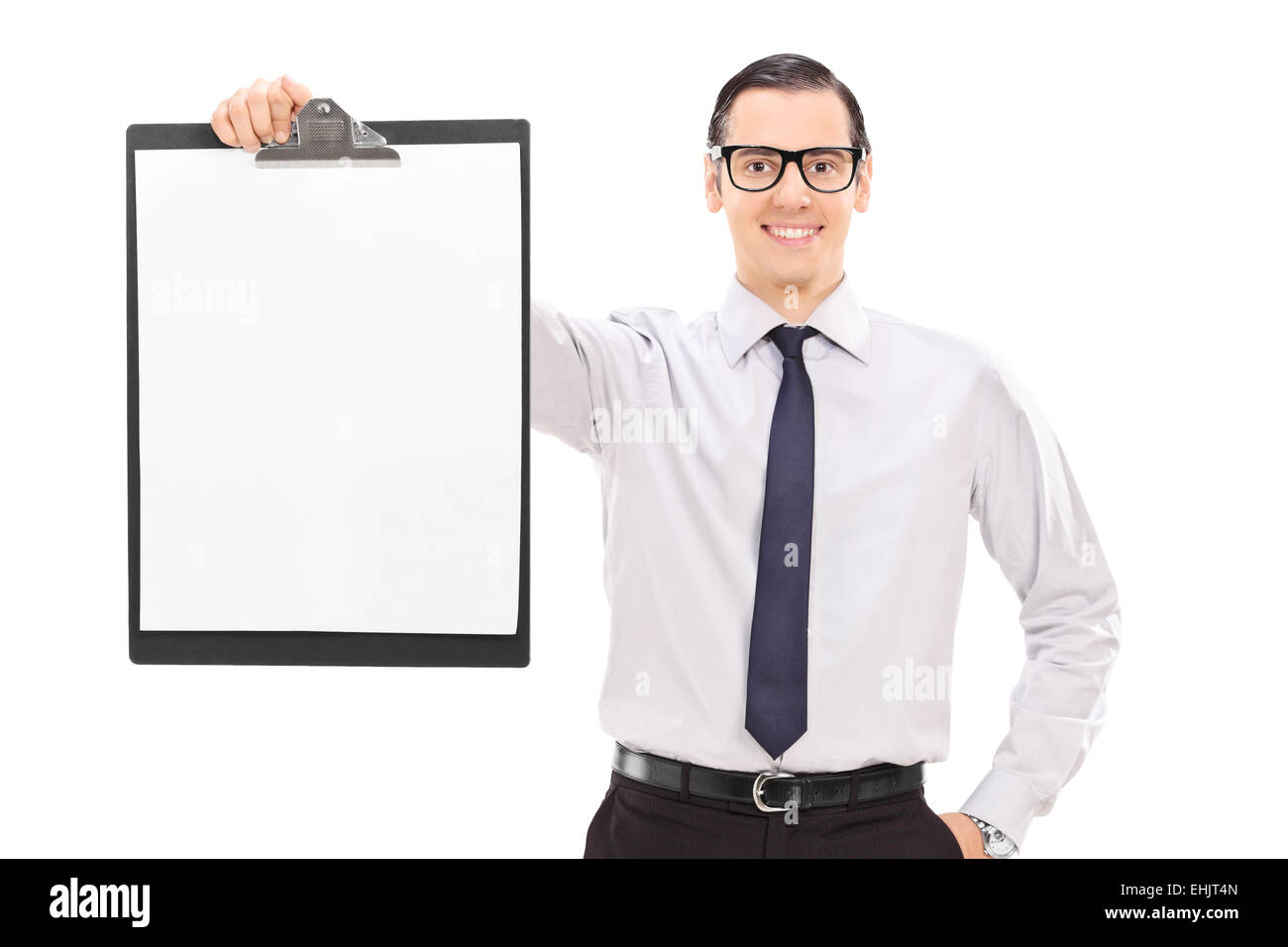 Young businessman holding a clipboard isolated on white background
