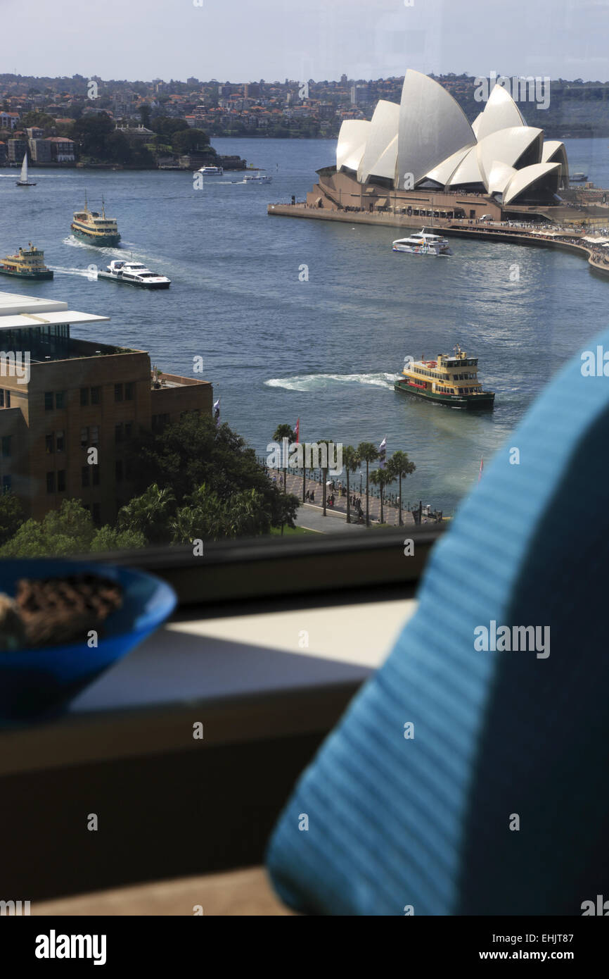 Sydney Opera House seen from a guest room of Four Seasons Hotel, Sydney Australia Stock Photo
