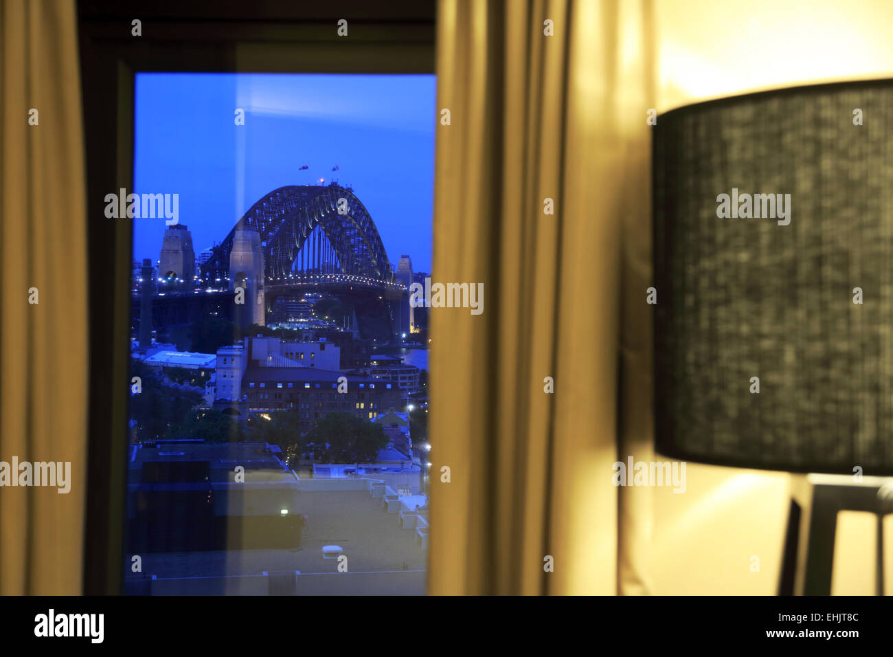 The view of Sydney Harbor Bridge form the guest room of Four Seasons Hotel, Sydney Australia Stock Photo