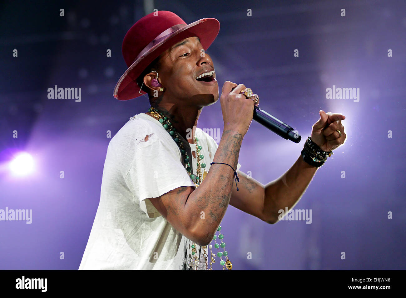 Pharrell Williams performing at Manchester Phones4U Arena Featuring: Pharrell Williams Where: Manchester, United Kingdom When: 09 Sep 2014 Stock Photo