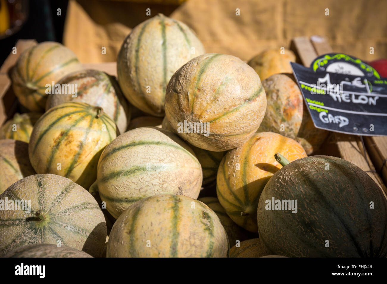 Melons for sale at a traditional open air market, Avignon, France