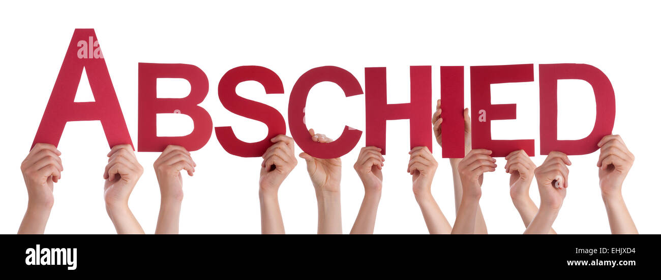 Many Caucasian People And Hands Holding Red Straight Letters Or Characters Building The Isolated German Word Abschied Which Mean Stock Photo
