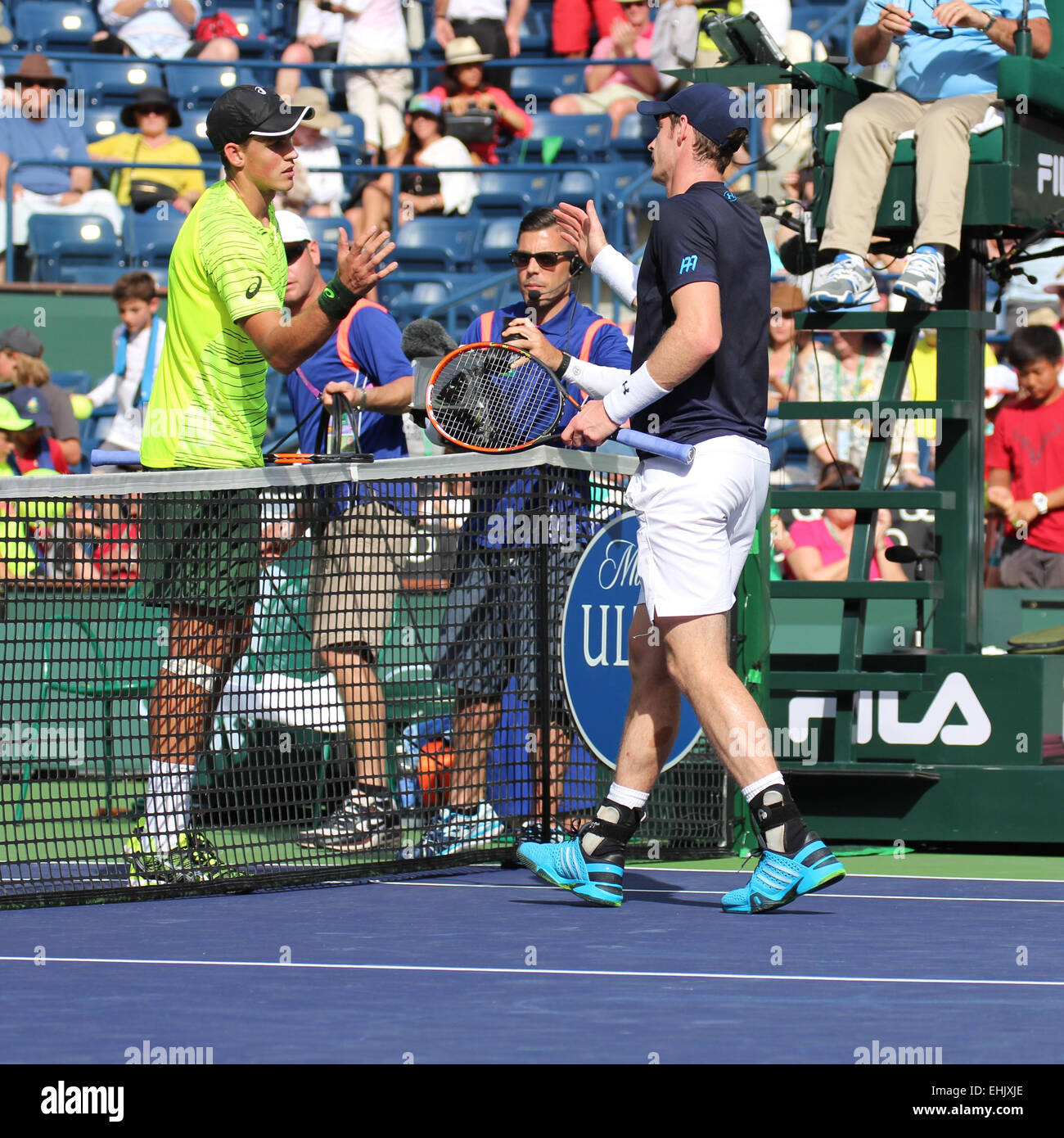 Indian Wells, California 14th March, 2015 British tennis player Andy Murray defeats Vasek Pospisil of Canada in the Mens Singles 2nd Round (score 6-1 6-3)