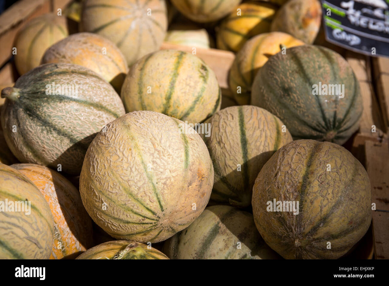 Melons for sale at a traditional open air market, Avignon, France