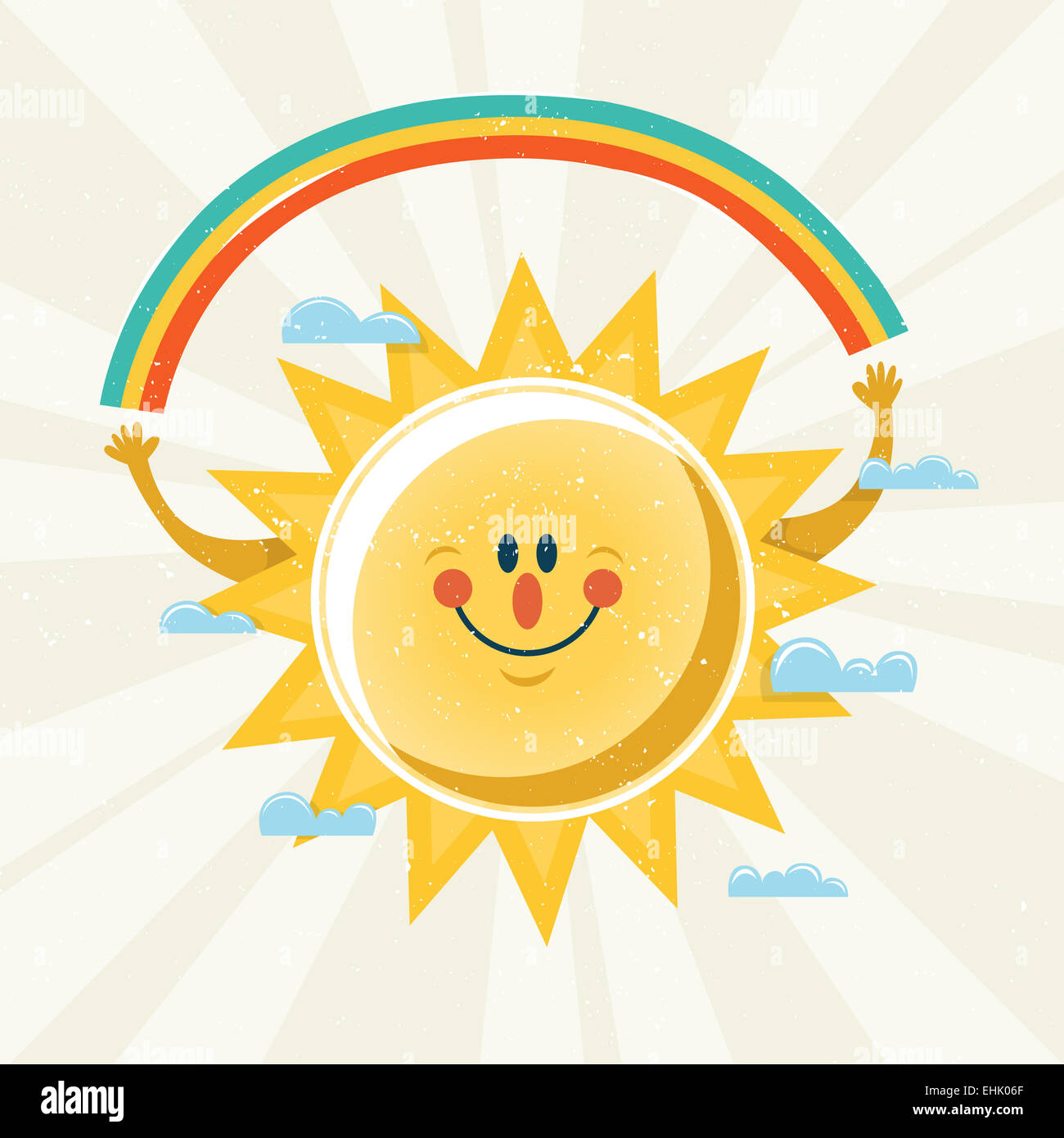 Vector illustration of sun holding a rainbow Stock Photo - Alamy
