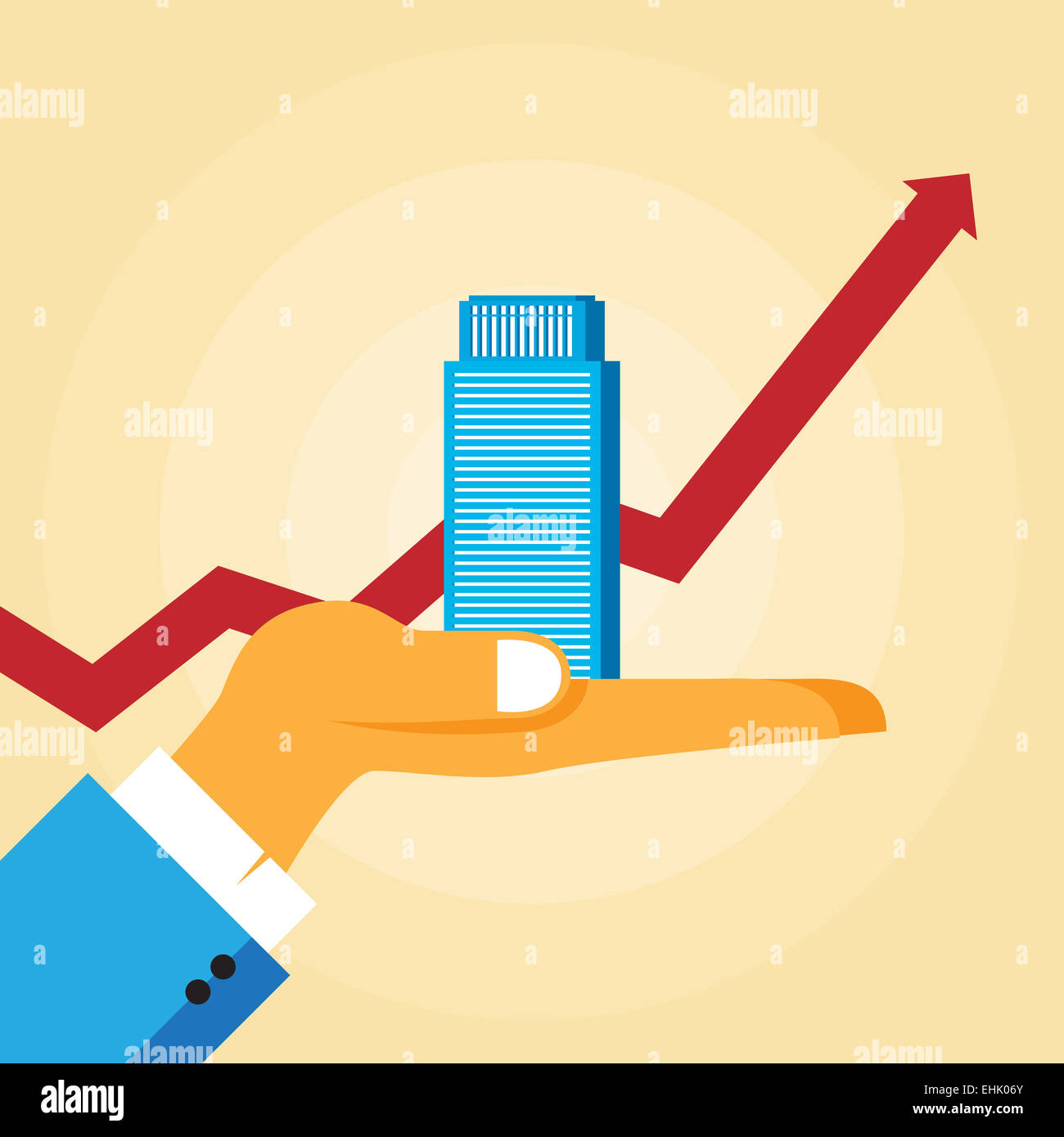 Vector illustration of a hand holding an office tower with a rising ...