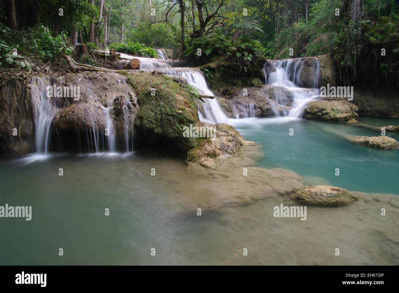 Kuang Si falls - a series of waterfalls, cascades and azure green limestone pools South-west of Luang Prabang, Laos. Stock Photo