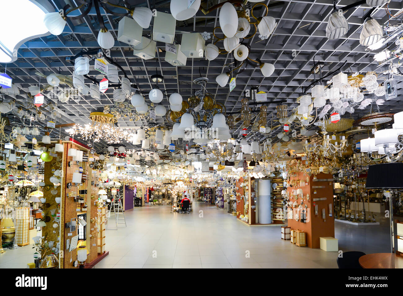 Many beautiful chandeliers light store Stock Photo Alamy
