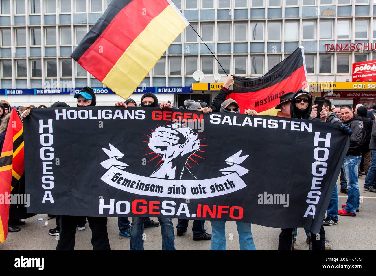 Demonstration of right wing PEGIDA organization, together with violent Hooligans, against a meeting of Islamic Salafist groups Stock Photo