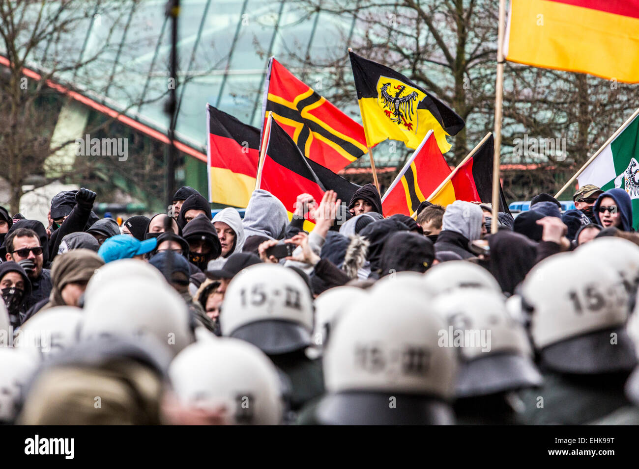 Demonstration of right wing PEGIDA organization, together with violent Hooligans, against a meeting of Islamic Salafist groups Stock Photo
