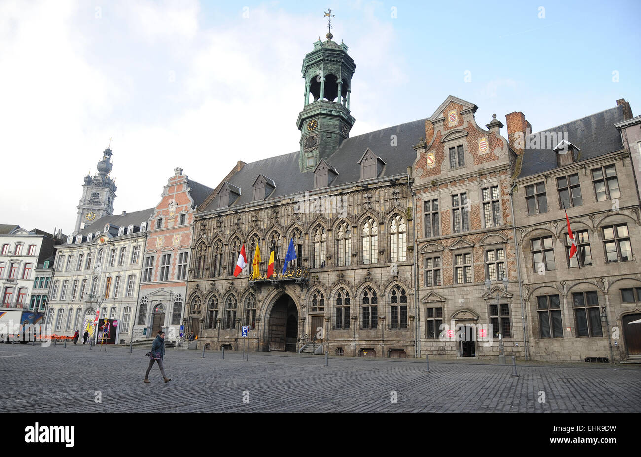 The old square the Grand Place, and the Gothic style City Hall with renaissance period bell tower. Mons, Belgium's cultural city Stock Photo
