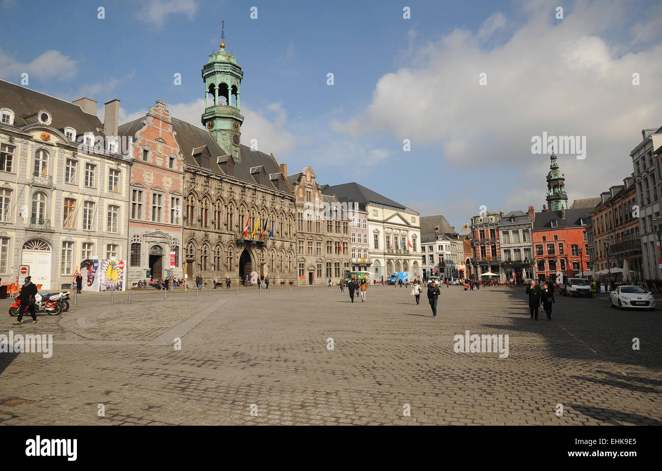 The old square the Grand Place, and the Gothic style City Hall with renaissance period bell tower. Mons, Belgium's cultural city Stock Photo