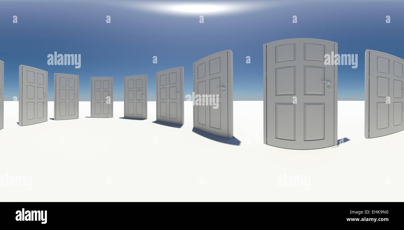 Spherical panorama of white doors. Blue sky as background Stock Photo