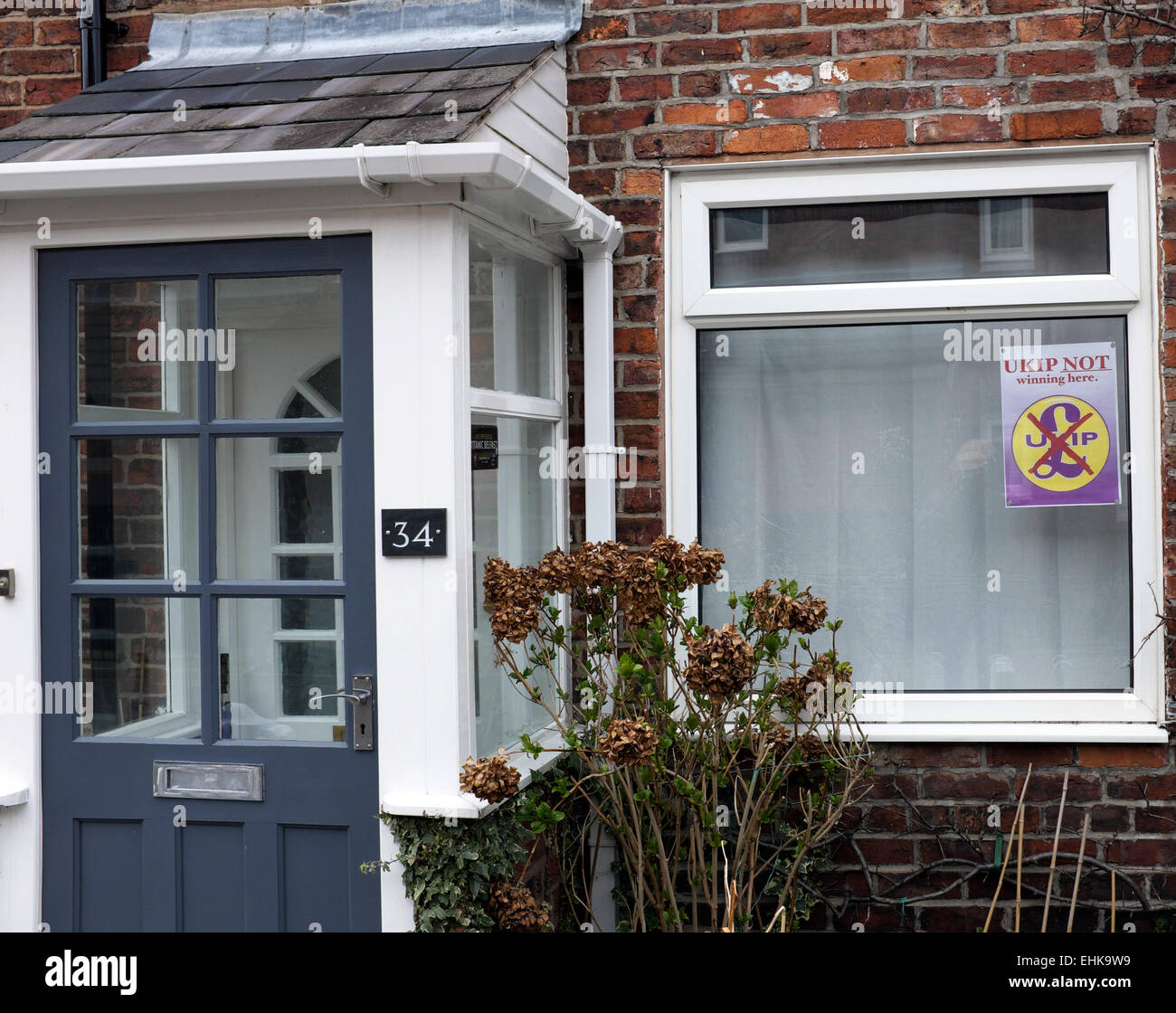 Manchester, UK  15th March 2015 A house in Didsbury, South Manchester has small poster in the front windows indicating that UKIP will not be supported. The ward is currently held by LibDem, with a small majority over Labbour, which lost the seat in 2010, Anti UKIP Notice  Manchester, UK Stock Photo