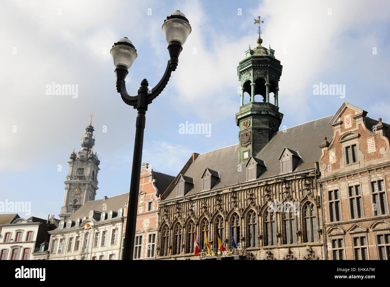 The old square the Grand Place, and the Gothic style City Hall with renaissance period bell tower. Mons, Belgium's cultural city Stock Photo