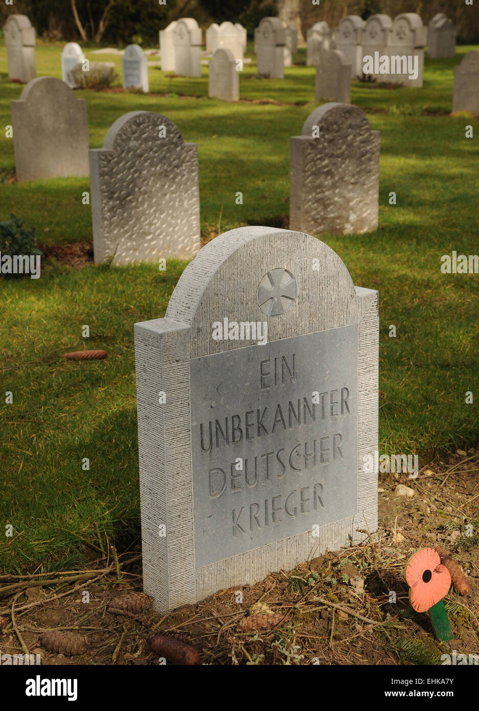 The stone marking the grave on one of the many thousands of unknown German warriors who fell during the Great War WW1. Stock Photo