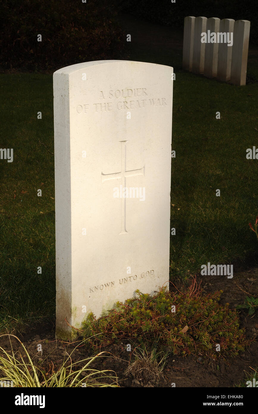 The stone marking the grave on one of the many thousands of unknown warriors who fell during the Great War WW1. Stock Photo