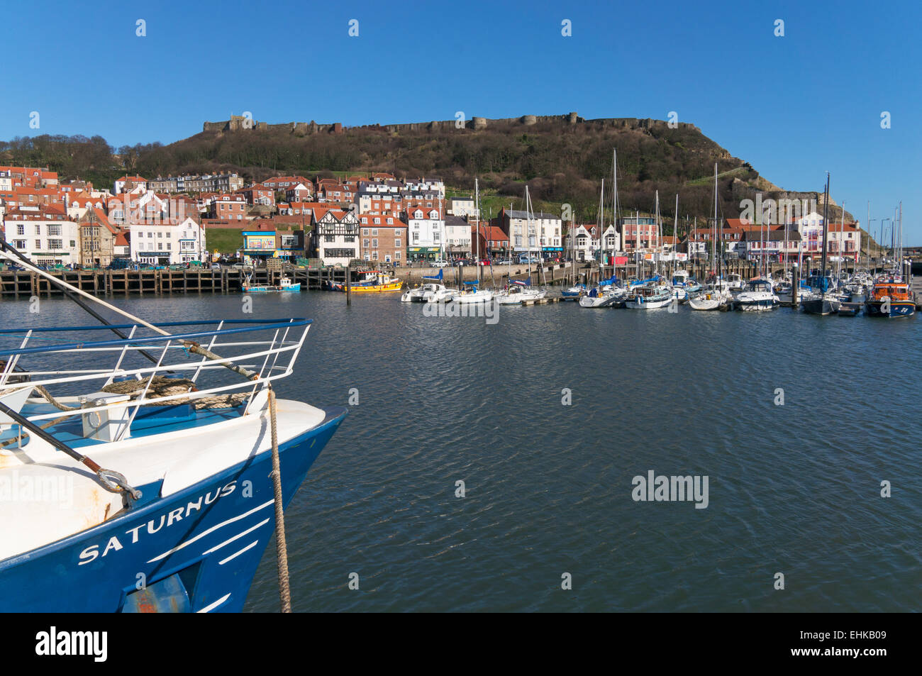 Scarborough harbour and marina with the castle and old town in the background, North Yorkshire, UK Stock Photo