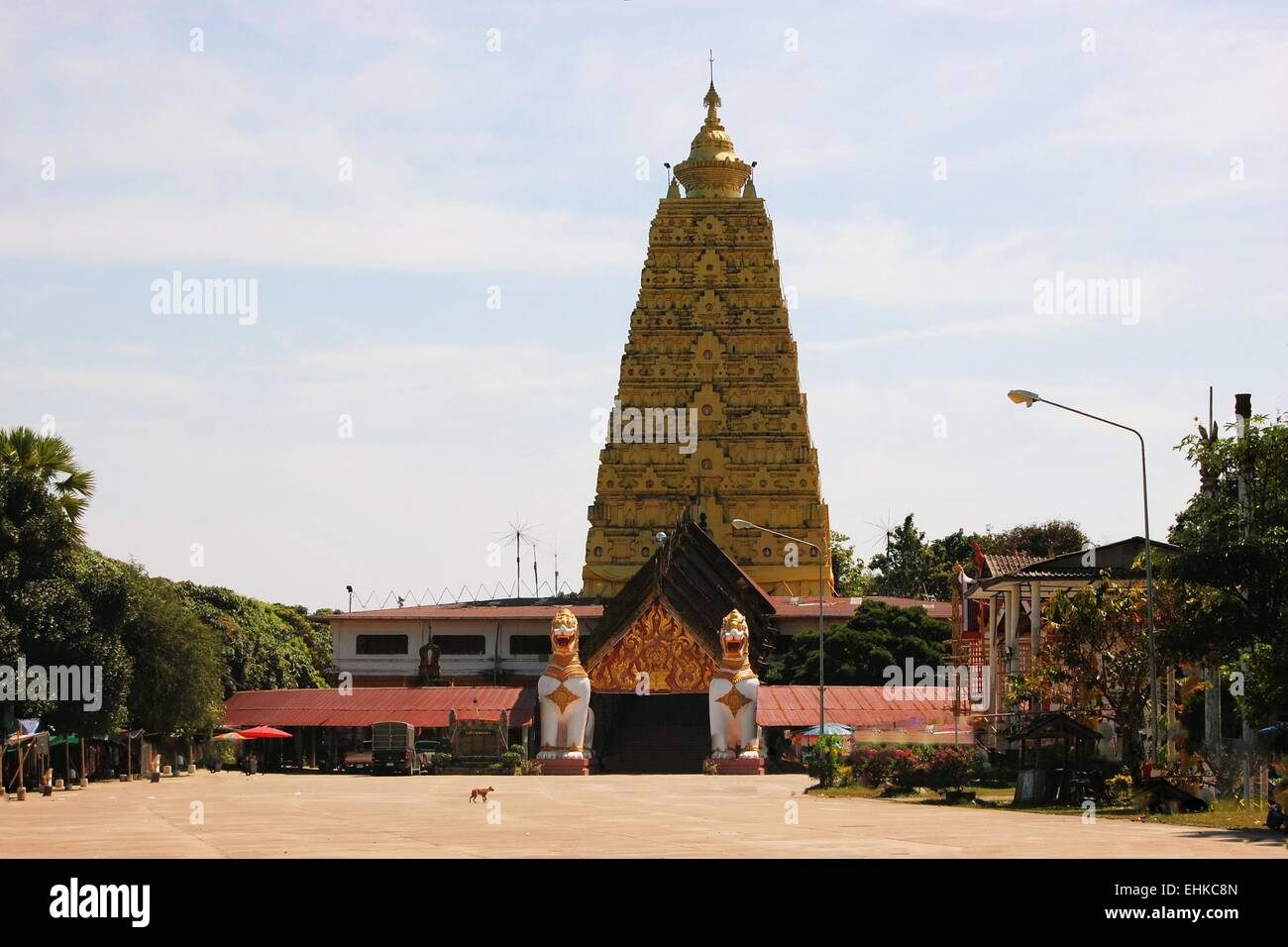 Burmese temple with lion in Sangkhlaburi, Thailand Stock Photo