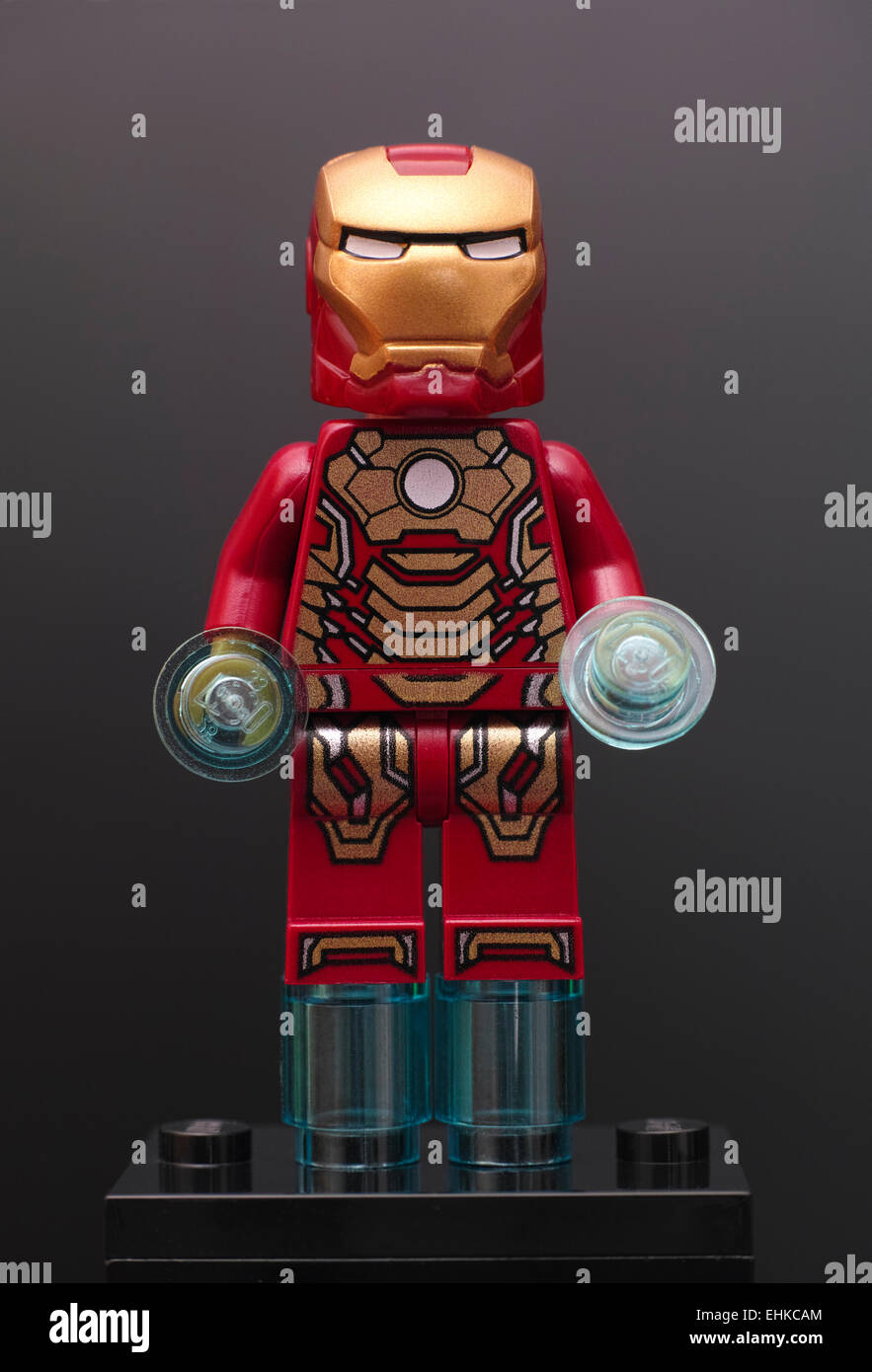 Tambov, Russian Federation - February 22, 2015 Lego Iron Man minifigure on black background. Studio shot. Stock Photo