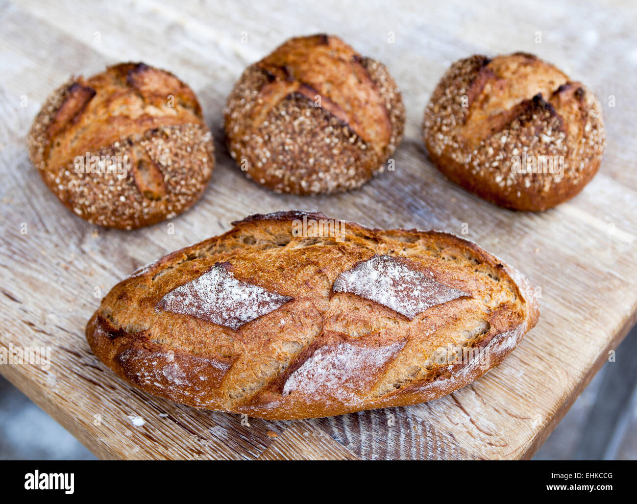 Loaves of freshly baked wholemeal bread Stock Photo