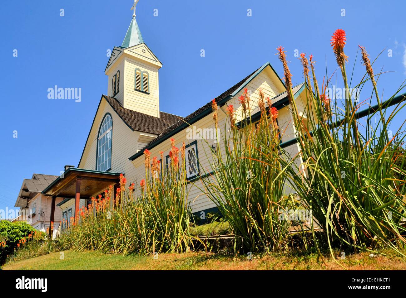 Historic wooden church, built by German immigrants, Frutillar, Chile Stock Photo