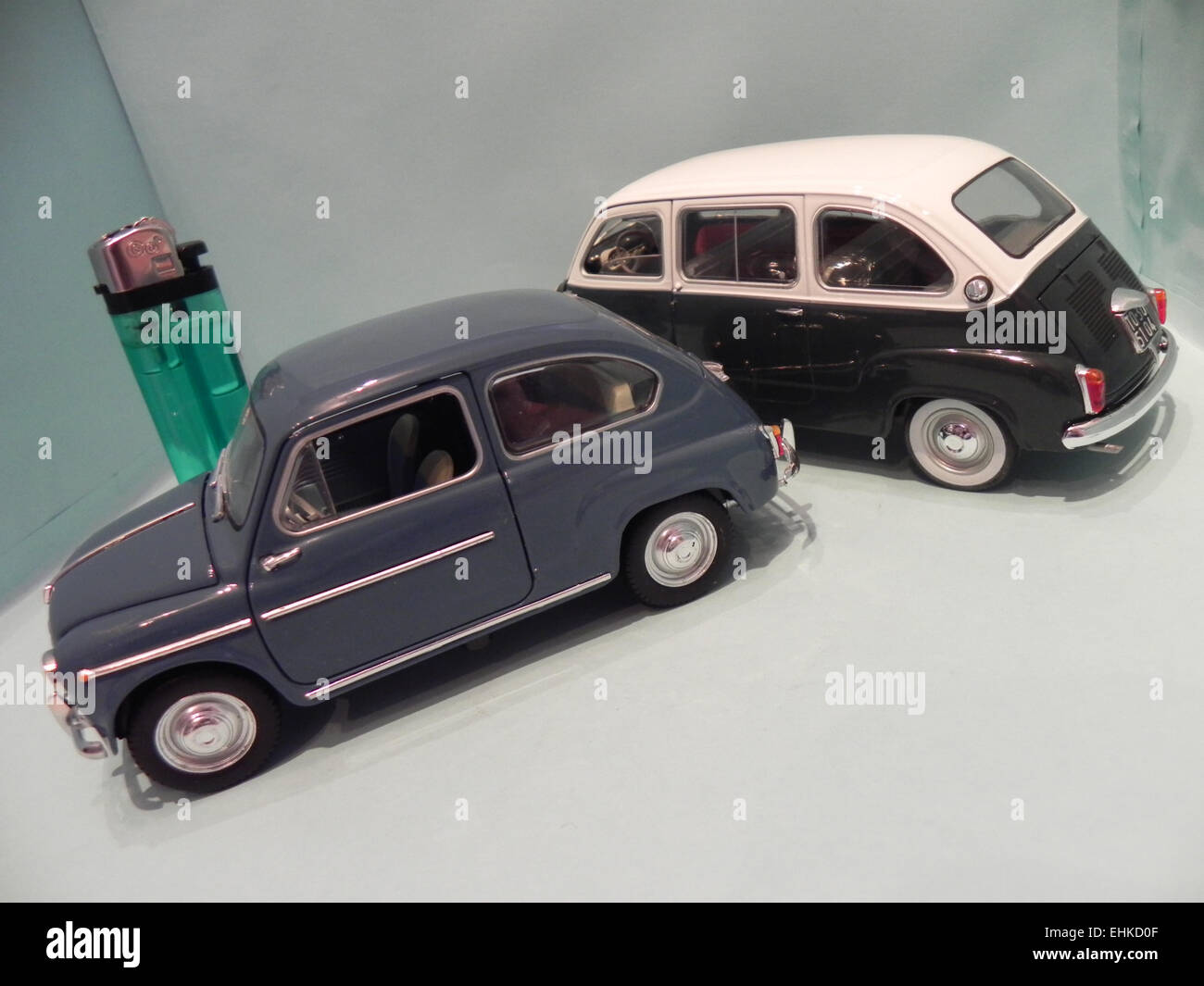 My miniature of an old Fiat 600 together its sister Fiat 600 Multipla, two  mythical cars produced in Italy during the sixties Stock Photo