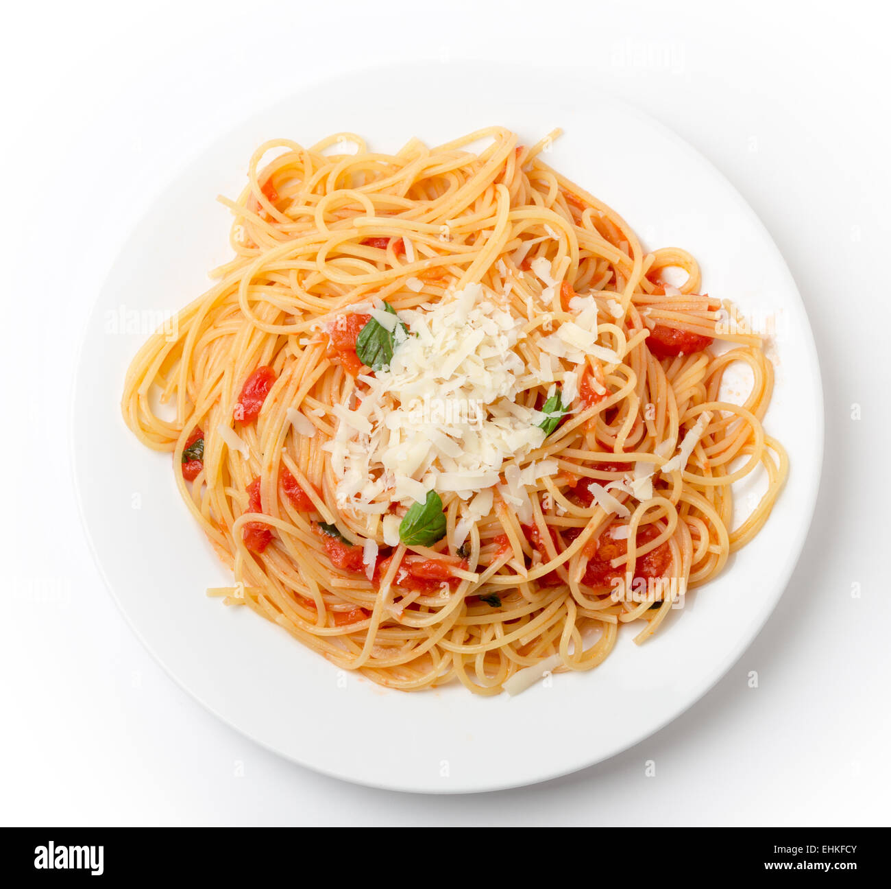 Spaghetti al pomodoro, one of the simplest Italian rustic dishes with the pasta tossed in a sauce of tomato, basil, garlic and a Stock Photo