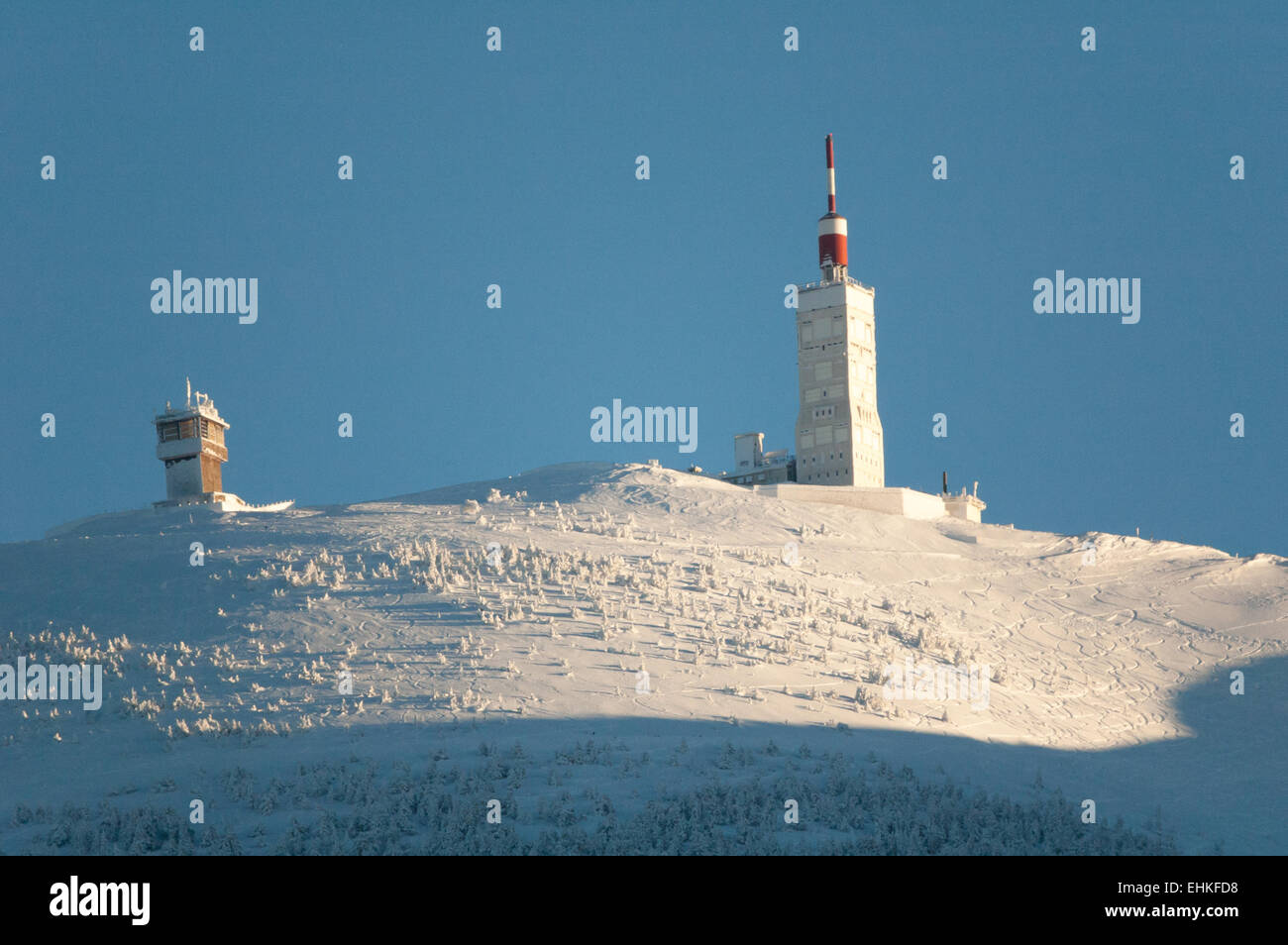 north face of Mont Ventoux and its summit illuminated by end of day the sun Stock Photo