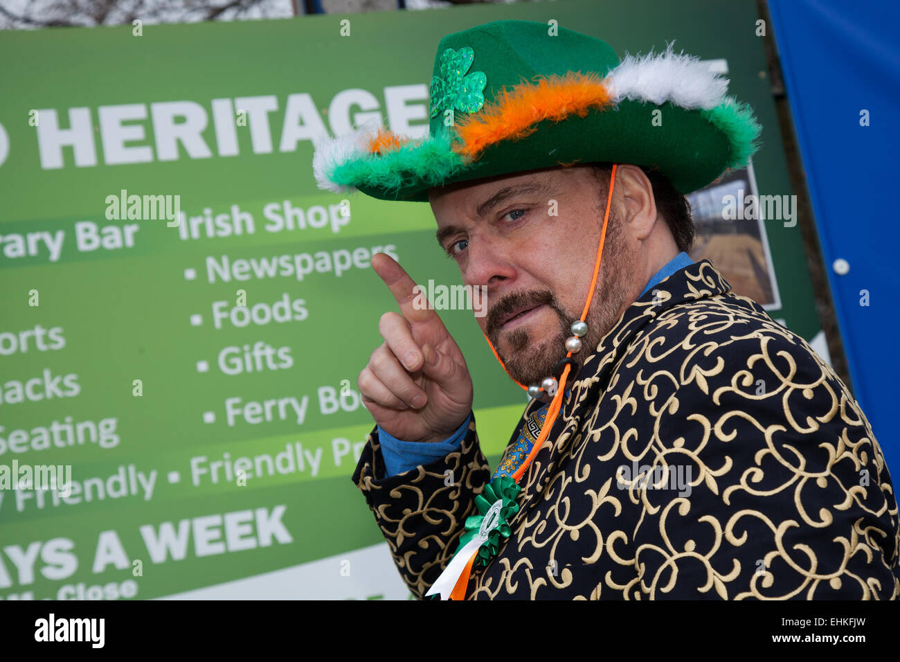 Manchester, UK 15th March, 2015.  Ryan Dior, Actor, TV Presenter at the St Patrick's weekend Irish Festival.  Thousands of people lined the streets to watch as the St Patrick’s Day parade made its way through Manchester.  The colourful procession set off from the Irish World Heritage Centre in Cheetham Hill before making its way to Albert Square.  Flag bearers representing the 32 counties in the Emerald Isle led the parade into the city centre, followed by floats from the city’s Irish associations. Stock Photo