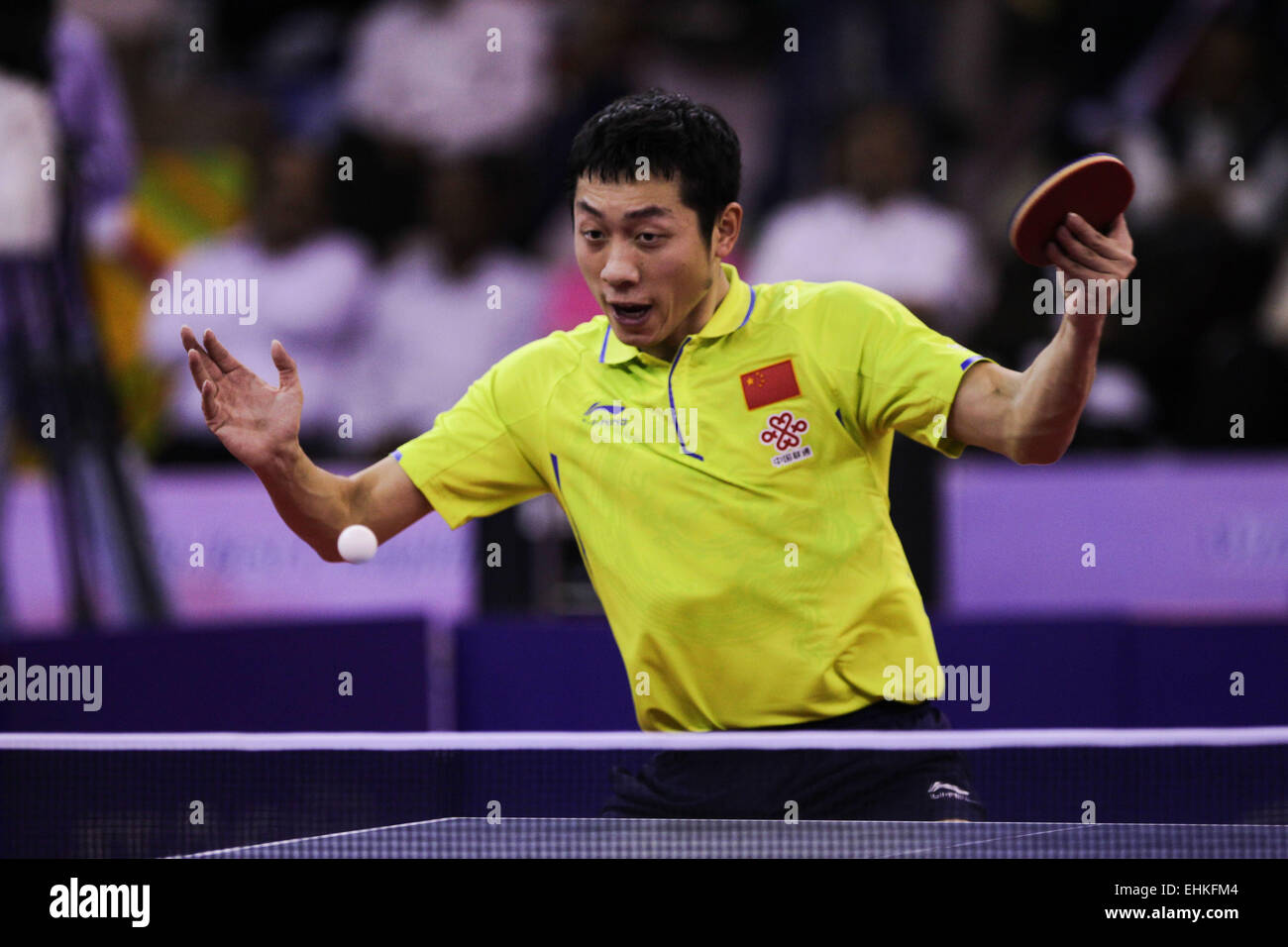 Jaipur, India. 15th Mar, 2015. Xu Xin of China returns a ball during
