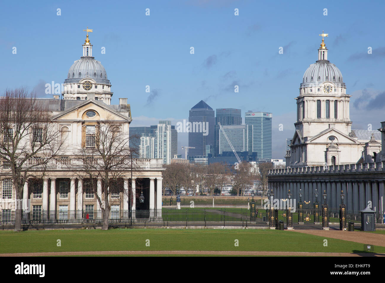 Old Royal Naval College, with Canary Wharfe in distance Greenwich London England Stock Photo