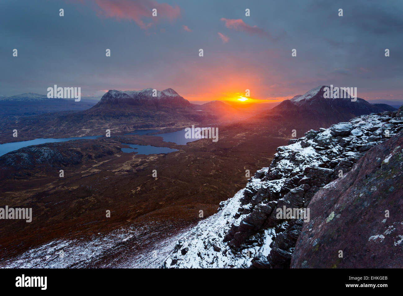 Sunrise between Cul Mor and Cul Beag in the far North of Scotland, seen from Dtac Pollaidh. Stock Photo