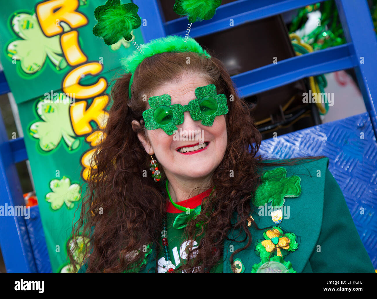 Manchester, UK 15th March, 2015.  Anne Docherty at the St Patrick's weekend Irish Festival.  Thousands of people lined the streets to watch as the St Patrick’s Day parade made its way through Manchester.  The colourful procession set off from the Irish World Heritage Centre in Cheetham Hill before making its way to Albert Square.  Flag bearers representing the 32 counties in the Emerald Isle led the parade into the city centre, followed by floats from the city’s Irish associations. Stock Photo