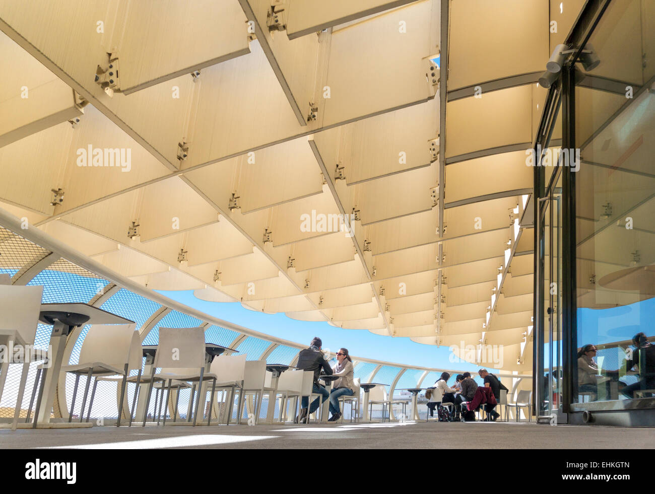 Seville Spain Restaurant in Las Setas de la Encarnacion, or Metropol Parasol modern wood structure in Sevilla Spain Stock Photo