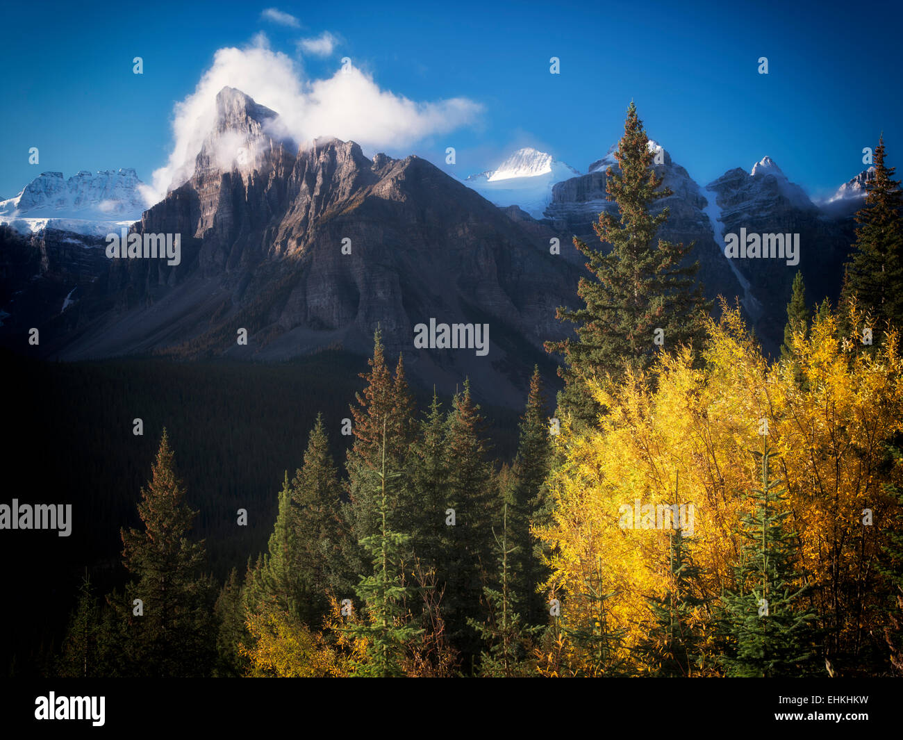 Early morning sunrise on peaks around Moraine Lake with fall color. Banff National Park. Alberta Canada. Stock Photo