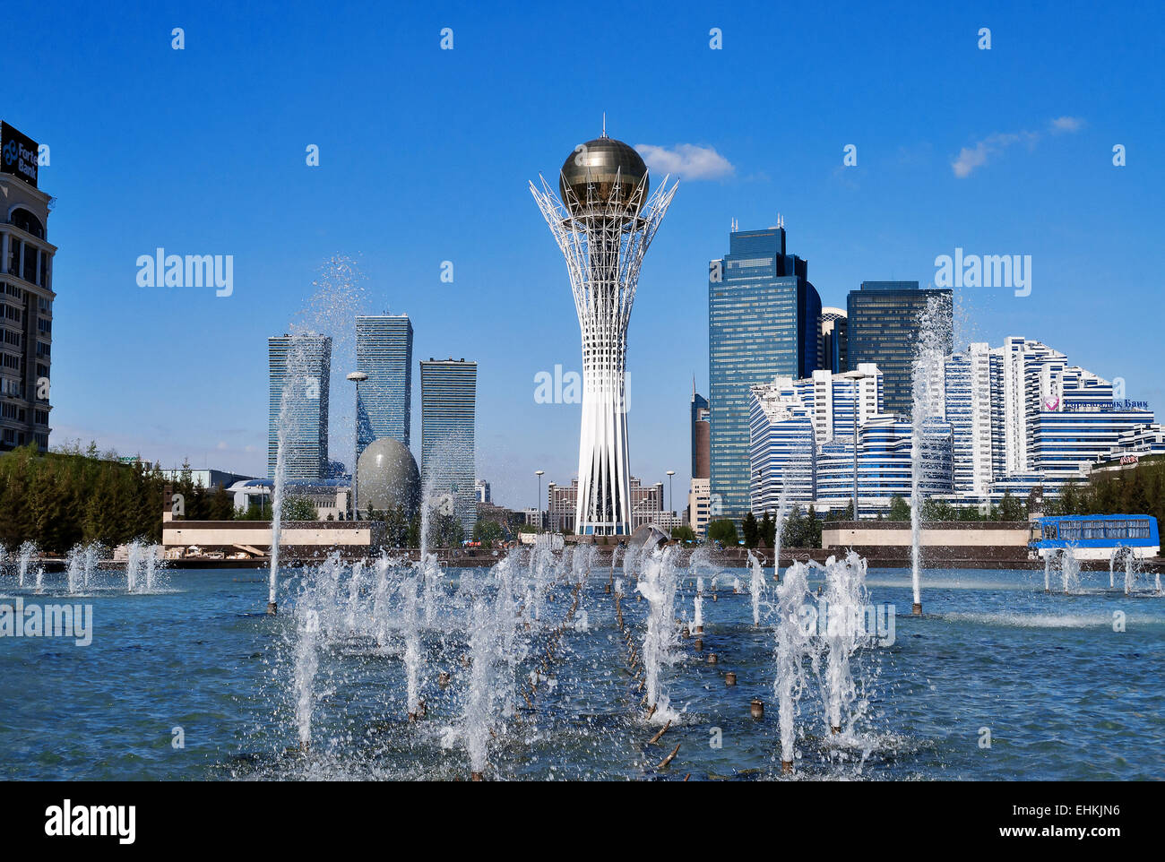 ASTANA, KAZAKHSTAN - MAY 10, 2014: Bayterek is a monument and observation tower in Astana. The height of buildings 105 meters. Stock Photo